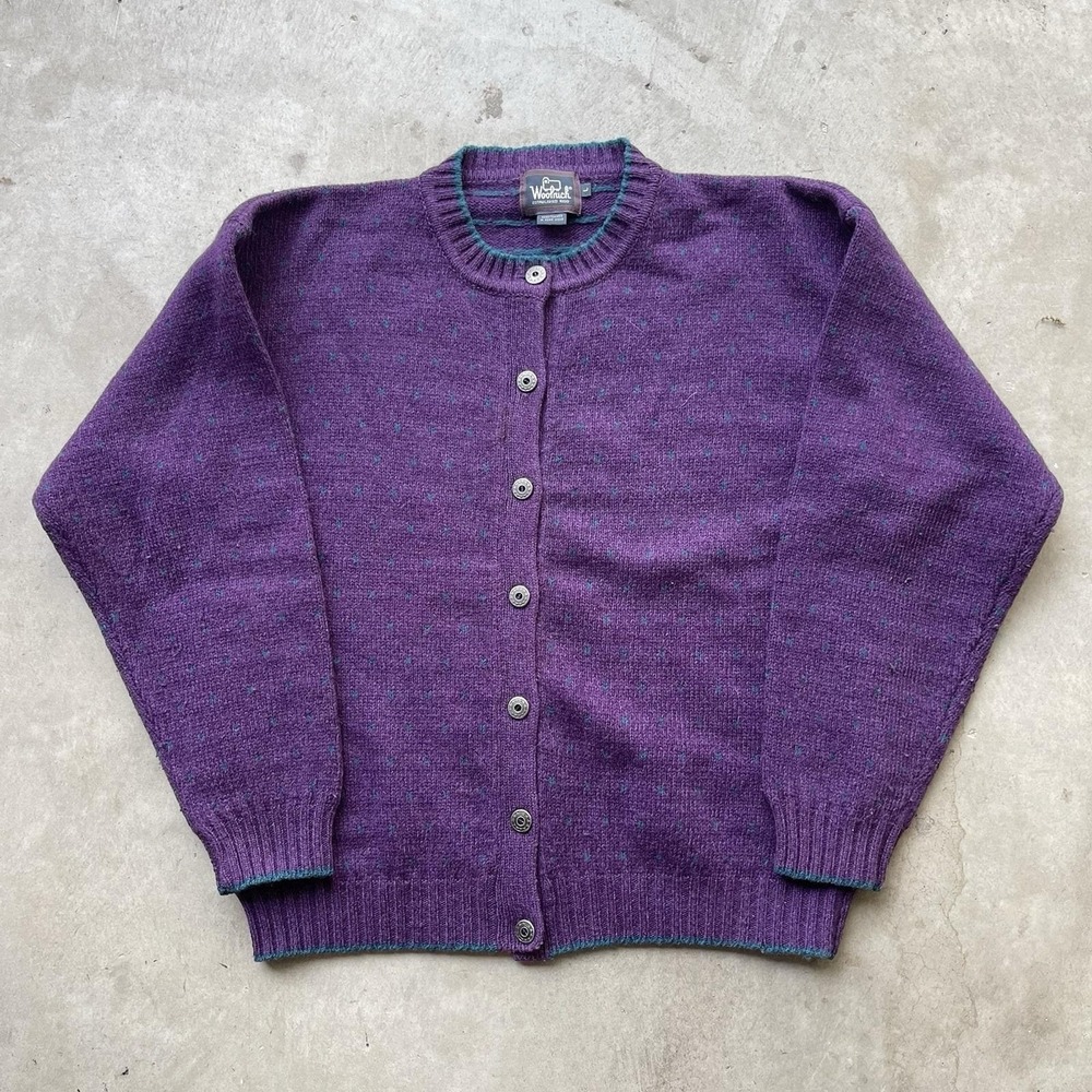 Vintage Woolrich Cardigan Sweater Womens L Purple Wool Birdseye Cottage 90s